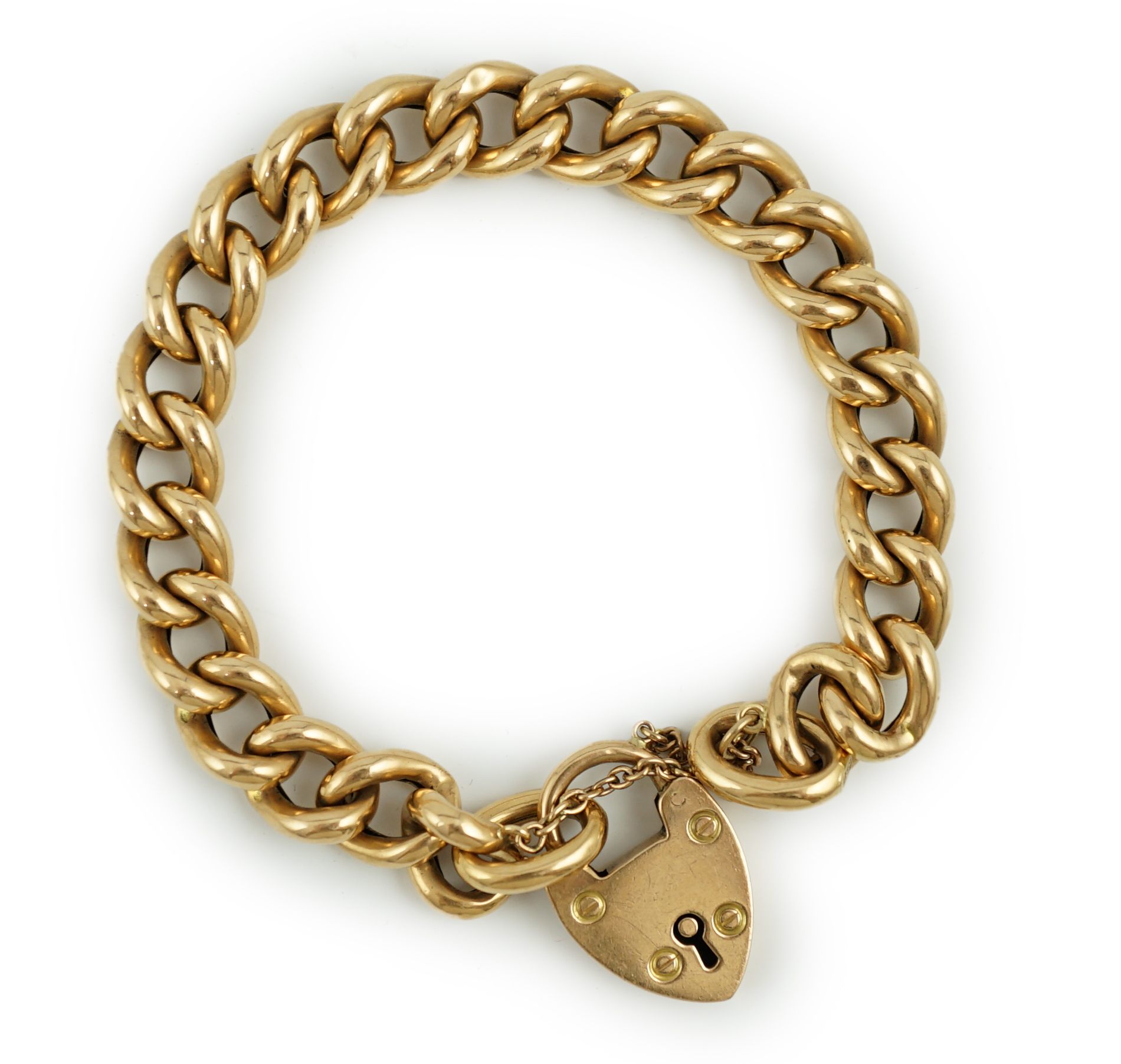 An Edwardian 15ct gold curb link bracelet, with heart shaped padlock clasp